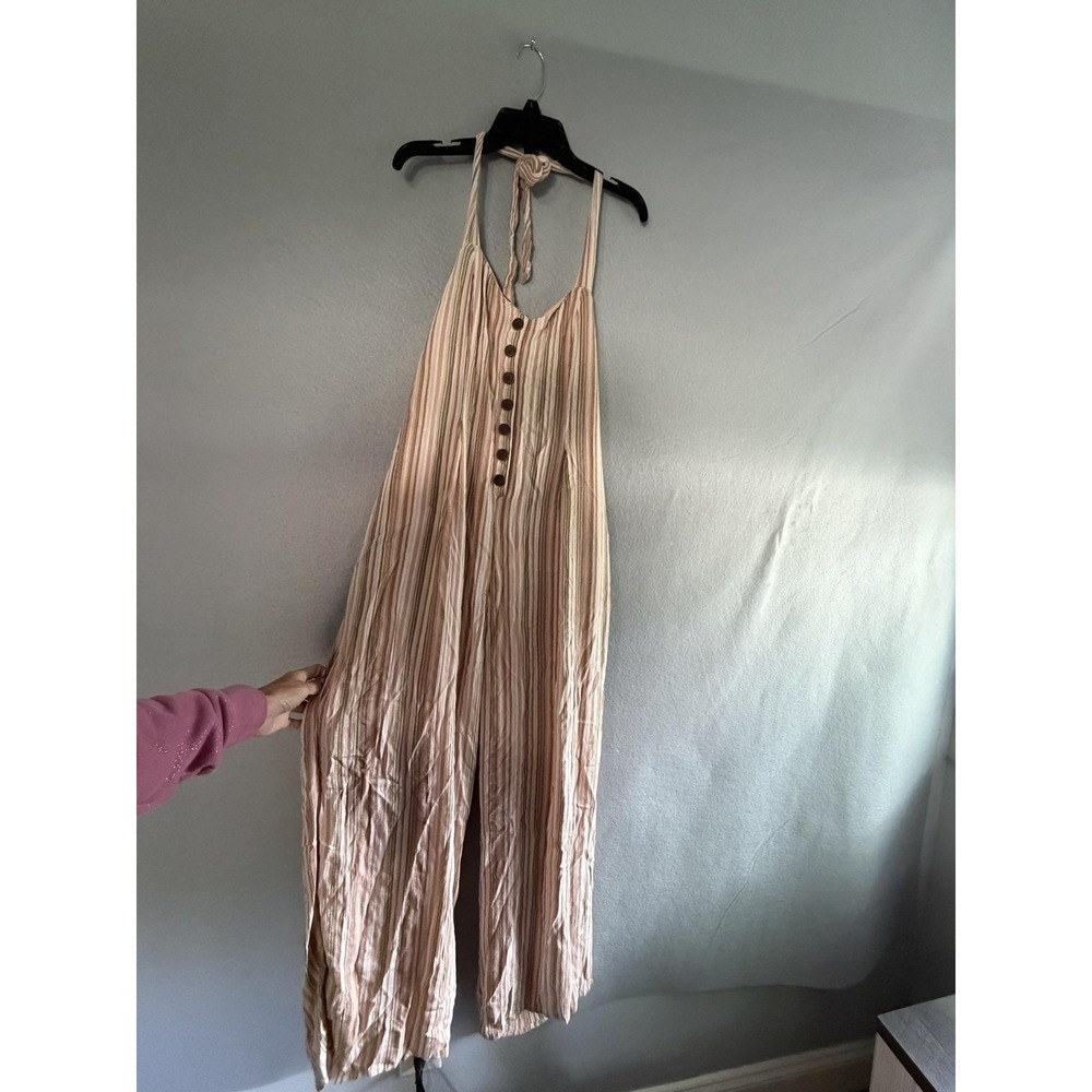 American Eagle Outfitters Jumpsuit Womens L Beige Stripe Halter Button Pockets